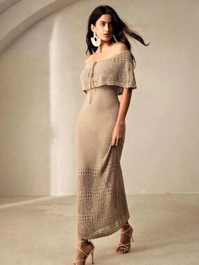 Anewsta Off-Shoulder Crochet Maxi Dress in Brown Like New